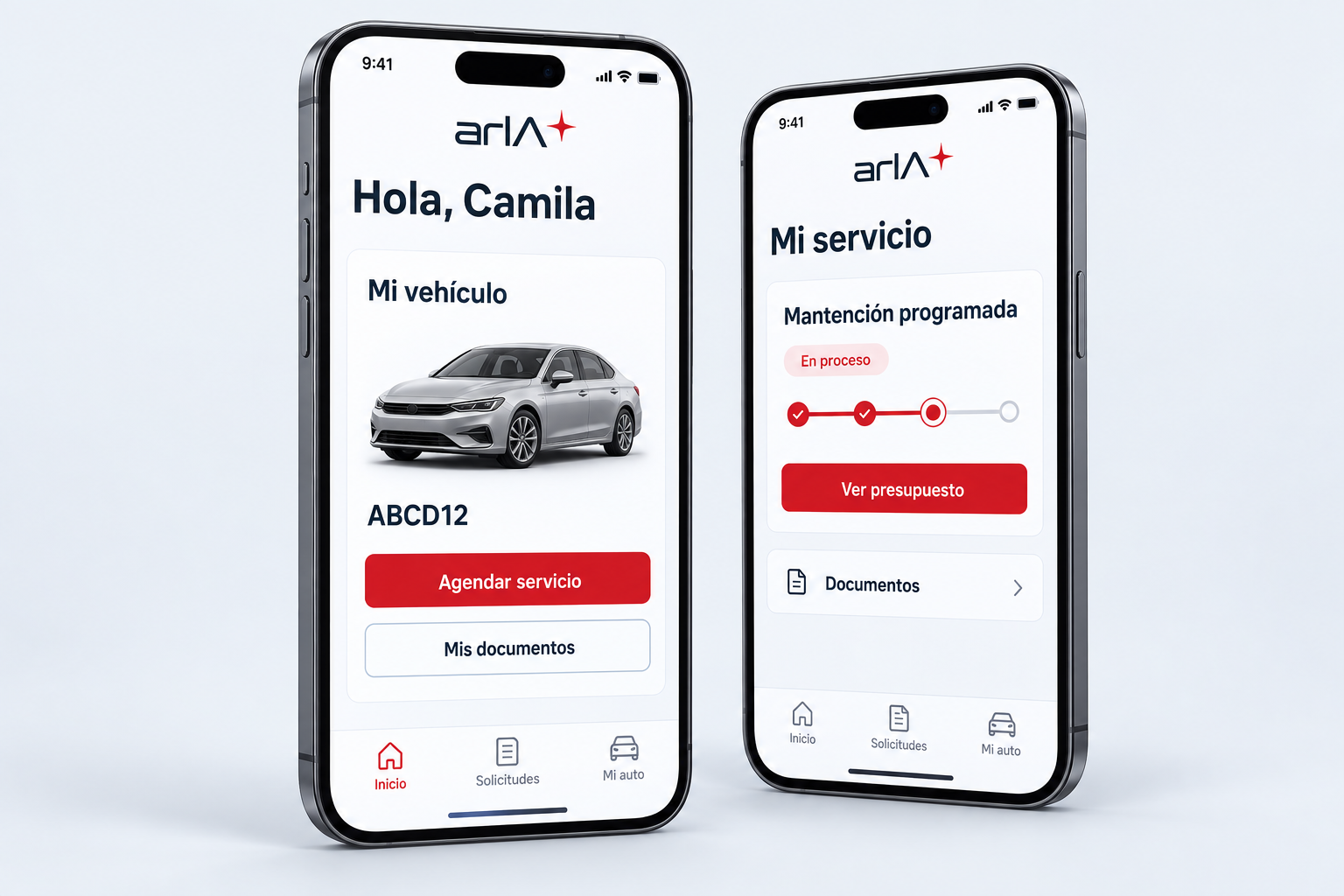 Vista demostrativa de arIA Client en dos teléfonos: vehículo, agenda y seguimiento del servicio