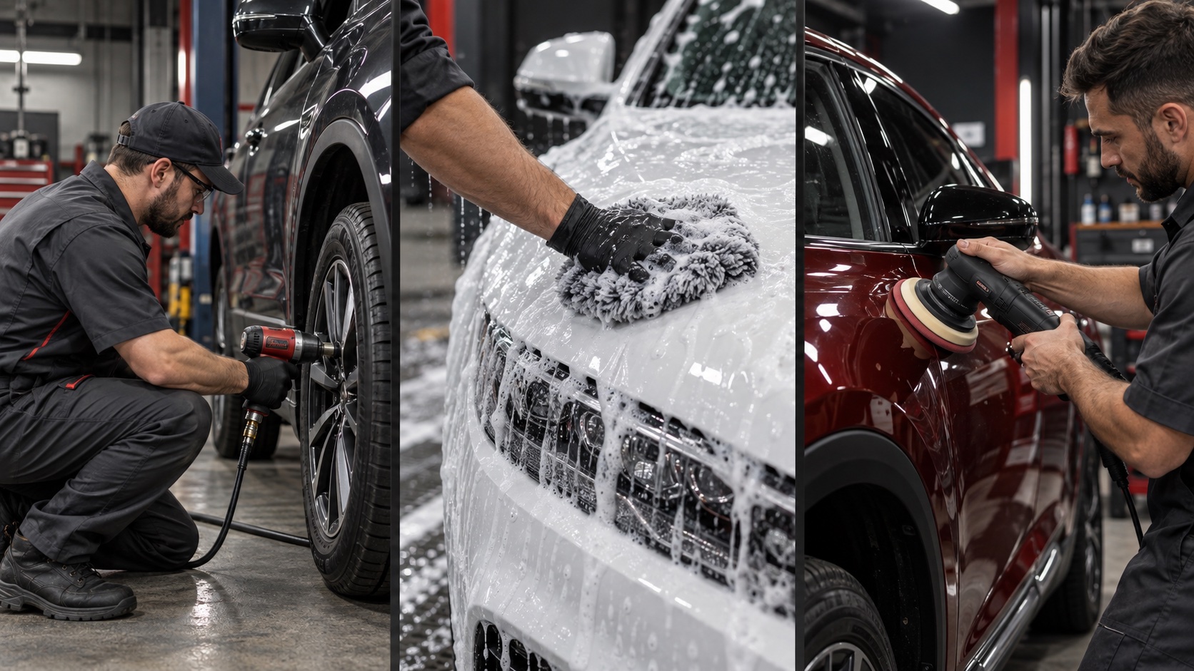 Servicio de neumáticos, lavado de un vehículo y detailing