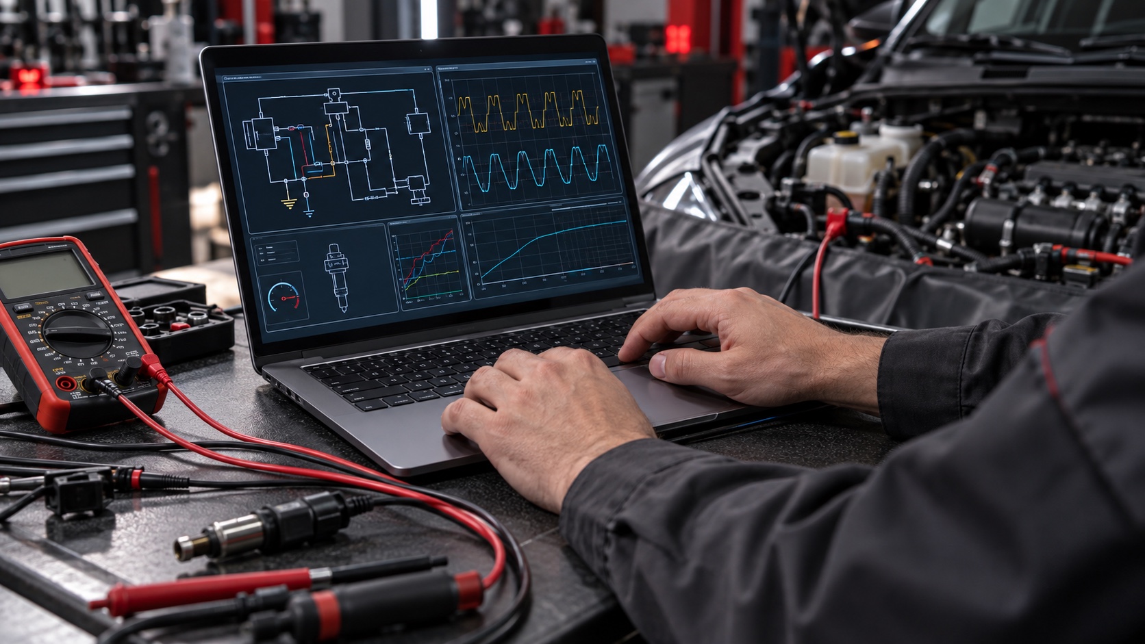 Computador con diagramas e información técnica en un taller